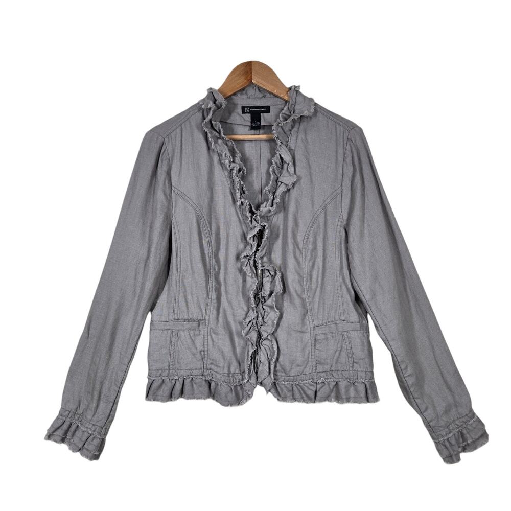 Y2K INC Linen Ruffle Jacket L Mushroom Taupe Romantic Boho Prairie